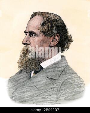 Profil de Charles Dickens. Coupe de bois de couleur manuelle Banque D'Images