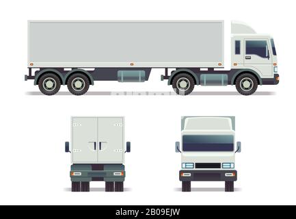 Piste de fret en trois points de vue isolés sur blanc. Modèle vectoriel pour l'identité d'entreprise. Camion de chargement long avec conteneur, illustration de la vue avant, arrière et latérale du chariot Illustration de Vecteur