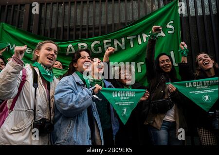 Madrid, Espagne. 19 février 2020. Les femmes protestant devant l'ambassade Argentine exigent la légalisation de l'avortement dans leur pays. Le mouchoir lit: Marée verte (doit être la loi), campagne nationale pour le droit à l'avortement légal, sûr et libre en Argentine. Crédit: Marcos Del Mazo/Alay Live News Banque D'Images