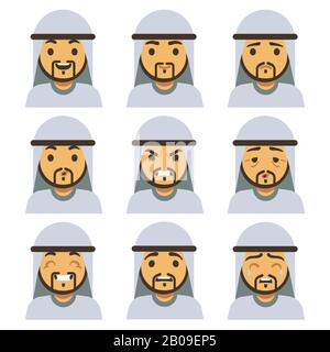 Les visages traditionnels de l'émotion de l'homme arabe, y compris sourire, triste, se mécisant, rire, heureux visage vecteur ensemble. Illustration des émotions l'homme arabe pleurer et se fâcher Illustration de Vecteur