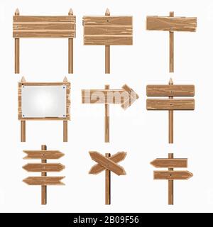 Panneaux indicateurs en bois, jeu vectoriel de panneaux fléchés en bois. Planche directionnelle sous forme de flèche, panneau d'affichage et flèche représentant l'illustration Illustration de Vecteur