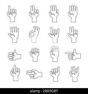 Les icônes vectorielles de mouvements de mains Line art sont définies sur une illustration en noir et blanc Illustration de Vecteur
