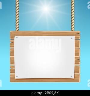 Panneau d'affichage blanc en bois suspendu ciel bleu. Panneau en bois avec illustration de feuille de papier vierge Illustration de Vecteur