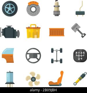 Technologie automobile du véhicule, icônes vectorielles plates des pièces de voiture. Roue et batterie pour voiture, illustration du filtre et du frein de voiture Illustration de Vecteur