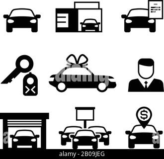 Auto concession, industrie automobile, vente de voitures, achat et location d'icônes vectorielles. Illustration des ventes de voitures ICON Illustration de Vecteur