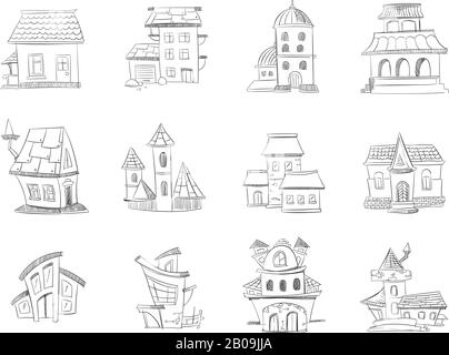 Mignons maisons tracées à la main avec fenêtres, logement de caniche, ensemble de maisons à dessin vectoriel. Esquisse linéaire de la maison de banlieue, l'ilustation de la maison au crayon Illustration de Vecteur