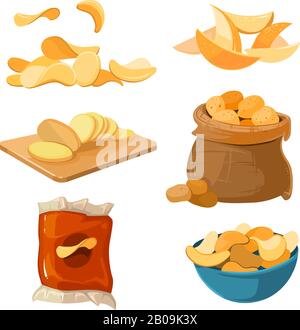 Chips de pommes de terre sautées salées en-cas, kit vectoriel. Délicieux et dangereux chips. Ilustation de copeaux d'emballage Illustration de Vecteur