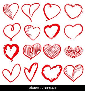 Formes de coeur dessinées à la main, amour romantique doodle vecteur signes pour la décoration de vacances. Coeurs rouges d'esquisse, illustration de la décoration coeur d'amour Illustration de Vecteur