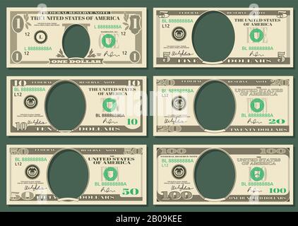 Dollar billets argent vectoriel. Modèles de billets en dollars avec espace pour les présidents, illustration dollars américains Illustration de Vecteur