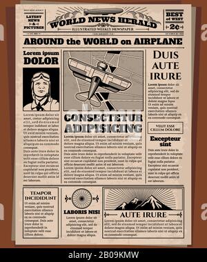 Ancien journal, modèle vectoriel de papier journal vintage. Journal rétro avec nouvelles du monde, illustration du papier journal de page Illustration de Vecteur