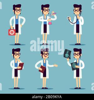 Jeune médecin femme, infirmière femme souriant des personnages dans diverses actions scénario ensemble. Médecin en uniforme blanc, illustration du médecin de dessin animé à rayons X. Illustration de Vecteur