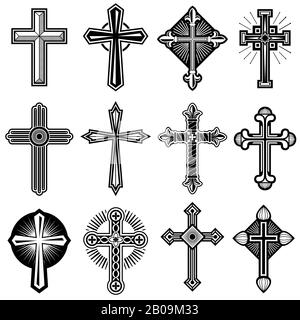 Croix chrétienne catholique avec des icônes vectorielles ornementales. Ensemble de croix religieuses, illustration de la croix noire blanche du christ Illustration de Vecteur