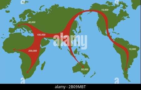 Les migrations humaines en provenance de l'afrique il y a 200000 ans, avec une direction en mouvement et un temps de colonisation sur les continents. Graphique de la propagation mondiale de l'humanité. Banque D'Images