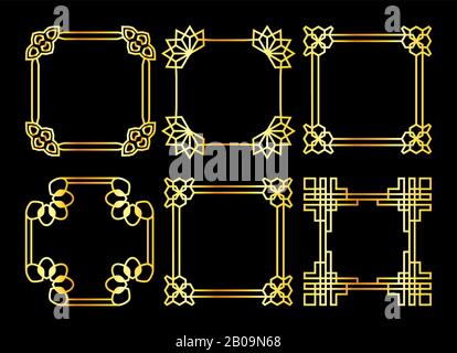 Cadres rétro d'asie à vecteur carré doré, isolés sur l'illustration d'arrière-plan noire Illustration de Vecteur