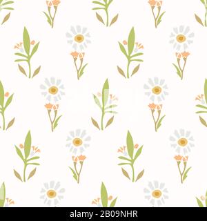 Motif De Fleurs Sauvages De Camomille Daisy Arrière-Plan. Motif Fleuri Margerite Naïf Sur Blanc. Feuilles Délicates Textiles Tracées À La Main. Ressort et Illustration de Vecteur