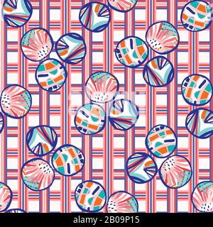 Motif À Pois Vichy D'Été Et Pois D'Été Des Années 1950. Fond Rose Rouge Bleu Fleur Cercle Vérifier. Tissu Moderne À Motif Collage Et Coupe Brillante Illustration de Vecteur