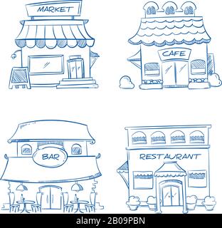 Boutique à main dessinée, boutique, restaurant, café, bâtiments de bar. Collection de bâtiments d'esquisse avec dessin vectoriel. Illustration de la construction du marché Illustration de Vecteur