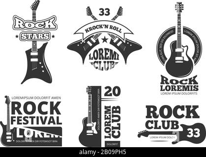 Vintage Heavy rock, jazz band, guitare shop, musique vecteur logos et étiquettes ensemble avec guitares acoustiques. Emblèmes pour le rock band ou le rock festival avec illustration de guitare électrique Illustration de Vecteur