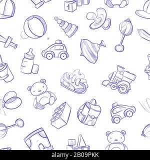 Enfants doodle fond vectoriel avec des jouets. Joli motif enfant dessiné à la main sans coutures avec des jouets d'esquisse à motif caniche ours et boule. Illustration des jouets de train et de voiture Illustration de Vecteur