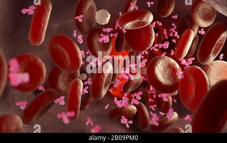 Anticorps, globules rouges et blancs et dans la veine. Illustration tridimensionnelle Banque D'Images