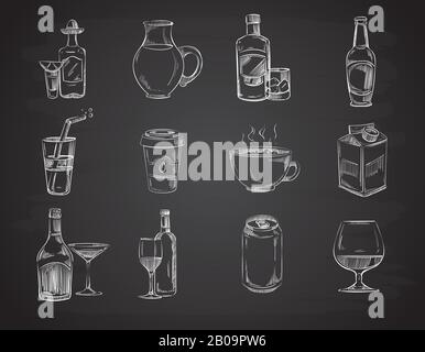 Boissons Doodle, vin, bière, bouteilles. Collection vectorielle de boissons dessinées à la main. Boisson alcoolisée, illustration du dessin des boissons alcoolisées Illustration de Vecteur