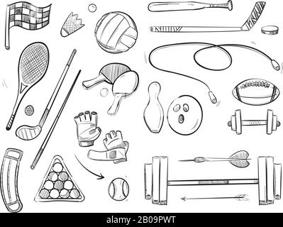 Doodle croquis sports et fitness icônes vectorielles. Boule d'esquisse pour le volley-ball et dessin esquisse sauter corde et badminton illustration Illustration de Vecteur