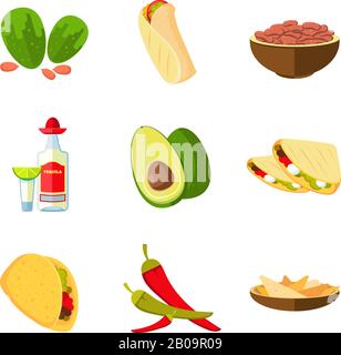 Taco mexicain, burrito et nachos alimentaires, avocat, tequila, rouge poivre chaud vecteur icônes de dessin animé. Cuisine mexicaine traditionnelle, illustration de la tequila mexicaine avec de la chaux Illustration de Vecteur