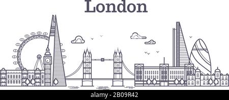 Les gratte-ciel de Londres avec des bâtiments célèbres, les sites touristiques de l'angleterre présentent des illustrations vectorielles. Ligne london panorama bâtiment, ville de l'architecture de la ville de londres Illustration de Vecteur