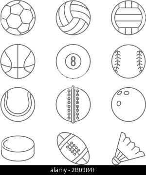 Les balles de sport vectorisez des icônes de ligne fine. Basket-ball et football, tennis et football, baseball ou bowling, golf et balles de volley-ball illustration Illustration de Vecteur