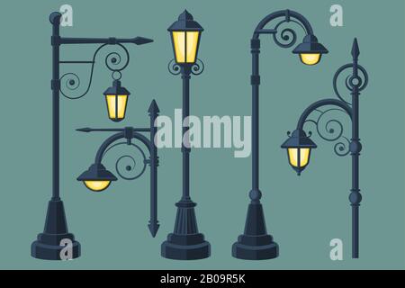 Décor vectoriel de caricature, de bandes dessinées anciennes et de lumières de rue modernes. Lampe de rue avec boucles, illustration de lampe de lumière pour la ville Illustration de Vecteur