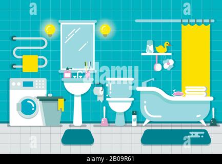 Salle de bains intérieur avec douche, baignoire et lavabo illustration vectorielle. Salle de bains avec lavabo et toilettes, design de salle de bains avec miroir et machine à laver Illustration de Vecteur