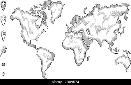 Carte du monde d'esquisse rugueuse dessinée à la main avec broches de gribouille, carte du monde d'esquisse avec jeu de broches, illustration de la carte de dessin globale Illustration de Vecteur