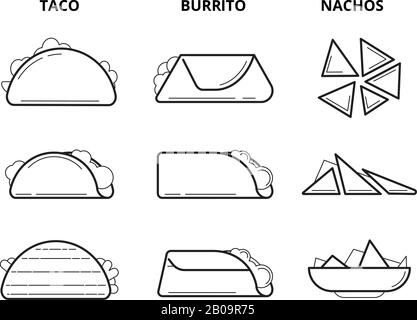 Cuisine mexicaine. Taco, burrito et nachos manger des collations ligne vecteur ensemble. Repas mexicain de style linéaire Illustration de Vecteur