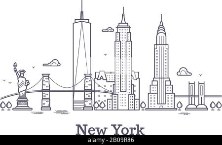 Ville de New York contours horizon, silhouette de ligne nyc, concept de vecteur touristique et de voyage aux états-unis. Illustration urbaine de l'architecture de New York Illustration de Vecteur