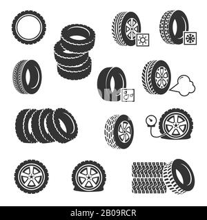 Atelier de pneus, les pneus changent les icônes vectorielles de service automatique définies. Roue de pneu et entretien de voiture avec remplacement et illustration de pneu de pompe Illustration de Vecteur