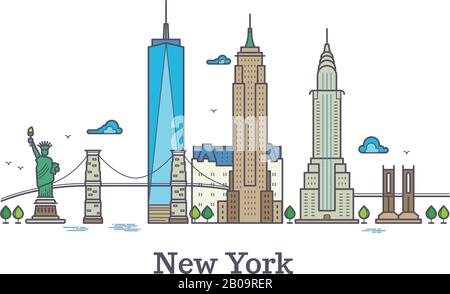 Symbole vectoriel de la ligne New york, panorama des contours de silhouette nyc, illustration vectorielle de la ligne d'horizon de l'amérique. Bâtiment de tour d'architecture de la ville de New york Illustration de Vecteur