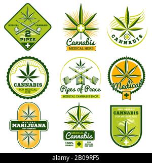 Set de logos et d'étiquettes vectoriels pour la marijuana, le haschisch et la médecine pharmaceutique. Plante de cannabis médical, illustration de l'étiquette légale cannabis Illustration de Vecteur