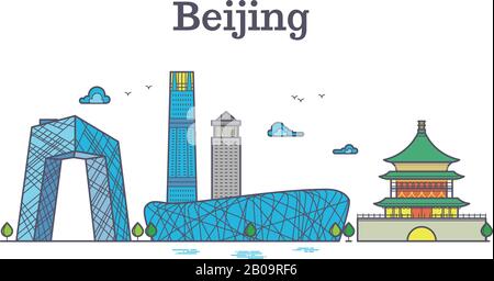 Panorama urbain vectoriel de la chine sites touristiques de la ville de Pékin. Couleur Beijing horizon, illustration de panorama ville asiatique Illustration de Vecteur