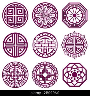 Ornement coréen, symboles vectoriels traditionnels asiatiques, motif de salle de bains. Éléments ronds dans le style traditionnel coréen, illustration du tatouage coréen Illustration de Vecteur