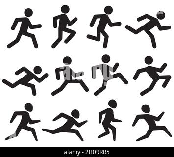 Homme courir figure noir pictogrammes, jogging activité vecteur icônes isolés sur blanc. Sprint man, illustration silhouette homme course Illustration de Vecteur