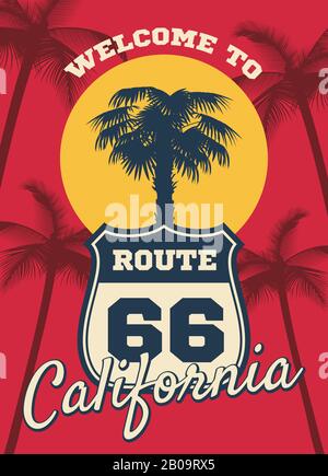 California plage seashore thème vecteur fond de rêve, carte postale design. Silhouette de palmier d'arbre en californie, illustration du panneau route 66 pour voyager en californie Illustration de Vecteur