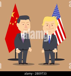 XI Jinping et Donald Trump se sont réunis avec les drapeaux de la chine et des états-unis. Illustration vectorielle, caricature politique. Le président national du pays XI jinping et donald sont à la tête de la coopération Illustration de Vecteur