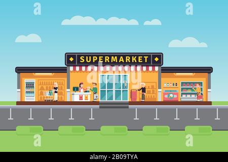 Supermarché, magasin, bâtiment hypermarché avec les gens de shopping et les vendeurs assistants illustration vectorielle. Supermarché avec assortiment de marchandises Illustration de Vecteur