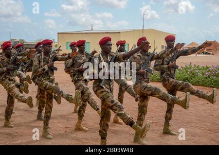 Les soldats djiboutiens se forment à la suite de l'exercice culminant d'un cycle d'entraînement de cinq semaines pour le nouveau Bataillon D'Intervention rapide le 3 mai 2018 près de Djibouti, Djibouti. Les militaires américains travaillent en étroite collaboration avec l'armée djiboutienne pour créer un bataillon d'Intervention rapide.