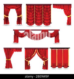 Rideaux de salle en soie rouge, rideaux en tissu de scarlet en velours vectoriels collection. Illustration de rideaux rouges pour la présentation et la scène de théâtre Illustration de Vecteur