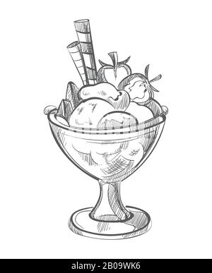 Crème glacée avec gaufres et vecteur dessiné à la main de fraise. Cuisine douce avec illustration de fraise Illustration de Vecteur