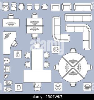 Mobilier de réunion de bureau, icônes de lignes vectorielles de plan d'architecture. Table et chaise de bureau de meubles, illustration du bureau de design intérieur Illustration de Vecteur