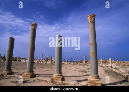 LIBYE, PRÈS DE TRIPOLI, SABRATHA, RUINES ROMAINES Banque D'Images