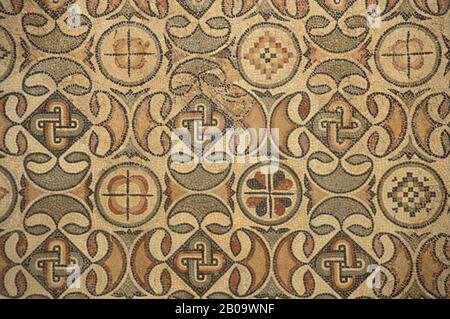 LIBYE, PRÈS DE TRIPOLI, SABRATHA, LE MUSÉE ROMAIN, MOSAÏQUE, DÉTAILS Banque D'Images