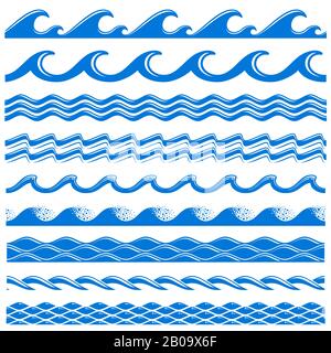 Les vagues de l'eau de mer vecteur des frontières sans soudure ensemble. Mer à vagues décorative, illustration de la vague de bordure de mer à motif d'eau Illustration de Vecteur